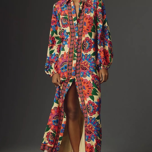 Farm Rio Long-Sleeve Button-Front Midi Dress - Picture 1 of 5